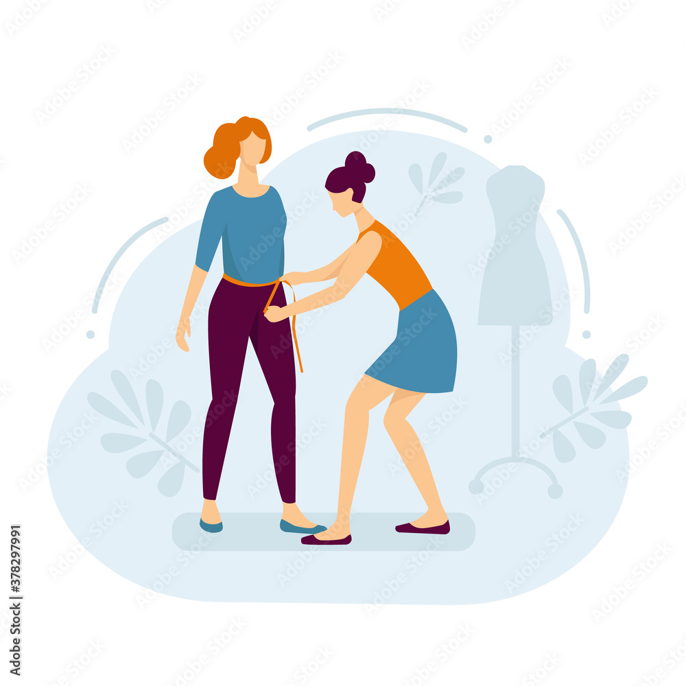 A woman tailor takes measurements for sewing clothes. Sewing workshop. Vector illustration in flat style. A woman tailor takes measurements for sewing clothes. Sewing workshop. Vector illustration in flat style.