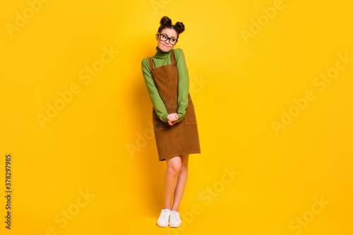 Full body photo of charming lovely girl feel modest look good copyspace wear green skirt sweater overall shoes isolated over bright color background