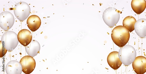 Celebration banner with gold confetti and balloons Fotobehang
