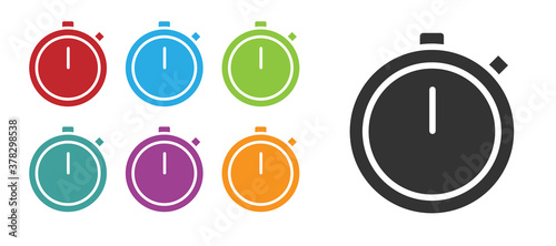 Black Stopwatch icon isolated on white background. Time timer sign. Chronometer sign. Set icons colorful. Vector Illustration.