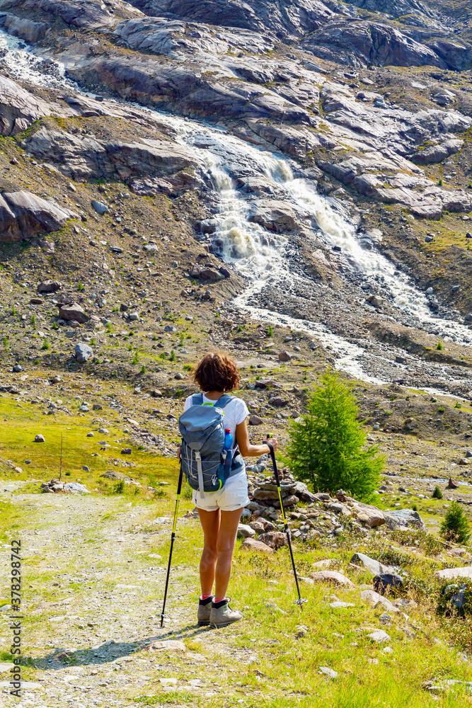 Santa Caterina Valfurva, Italy, hiking in the high mountains with Forni glacier on the bottom