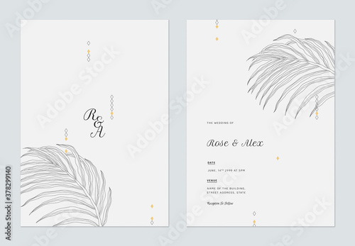 Minimalist wedding invitation card template design, line art illustration of palm leaves on grey