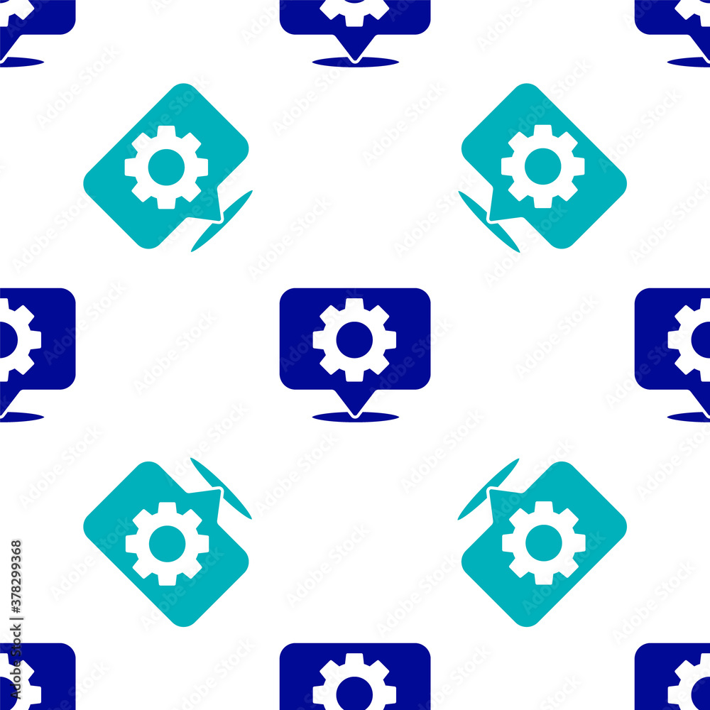 Blue Location with gear icon isolated seamless pattern on white background. Vector Illustration. Blue Location with gear icon isolated seamless pattern on white background. Vector Illustration.