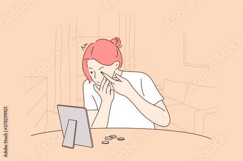 Health, care, medicine, allergy concept. Young worried sick ill allergic woman girl cartoon character with contact lens sitting rubbing swollen eyes. Dry eye syndrome and medical care illustration