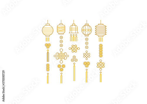 Vector set with golden line art lanterns in Chinese style. Gold isolated  icons for design elements. Traditional Chinese paper lanterns, lucky coins, lamps, lucky knots, ornaments