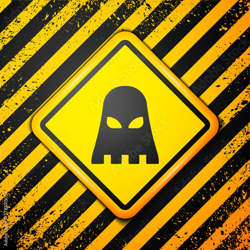 Black Executioner mask icon isolated on yellow background. Hangman, torturer, executor, tormentor, butcher, headsman icon. Warning sign. Vector illustration