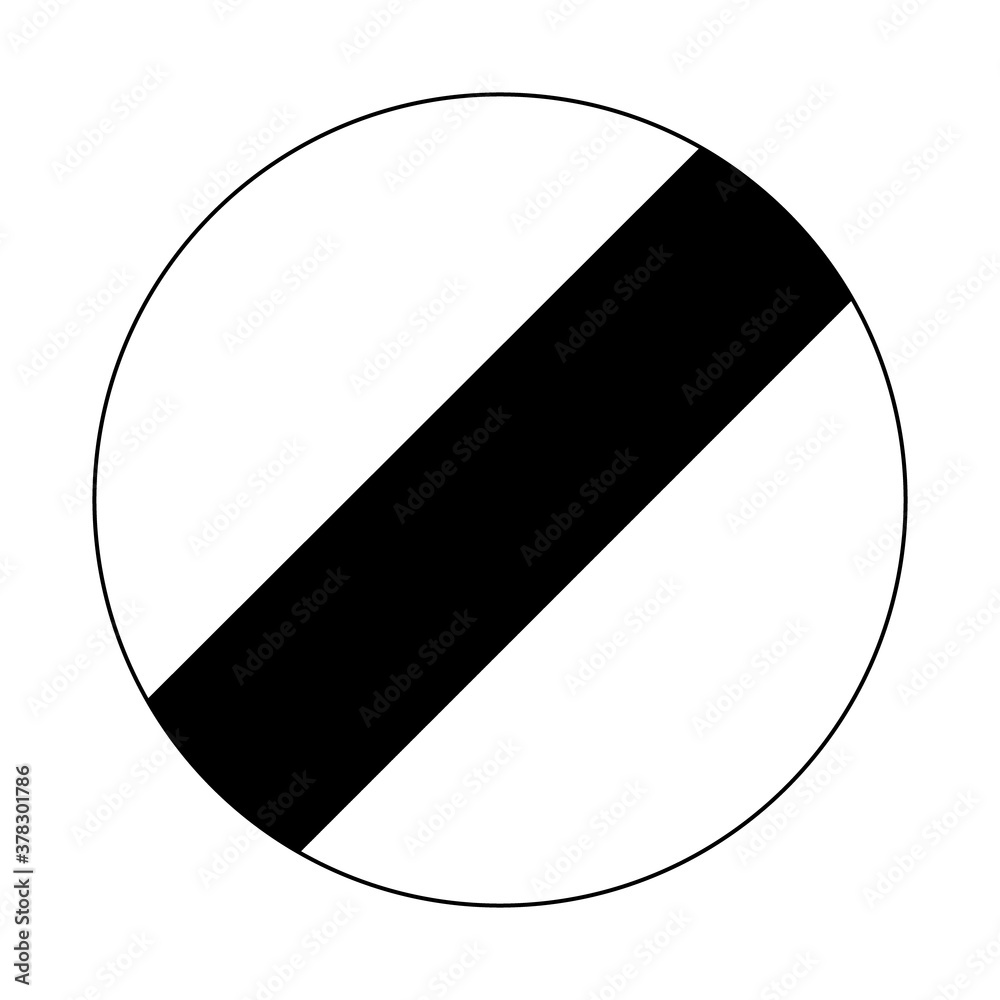 End of restriction road sign. Vector illustration of prohibition end traffic sign. White circle board with black stripe inside isolated on background. Information for drivers. End of restriction road sign. Vector illustration of prohibition end traffic sign. White circle board with black stripe inside isolated on background. Information for drivers.
