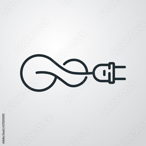 Concepto energía eléctrica. Logotipo lineal enchufe eléctrico con cable como nudo infinito en fondo gris