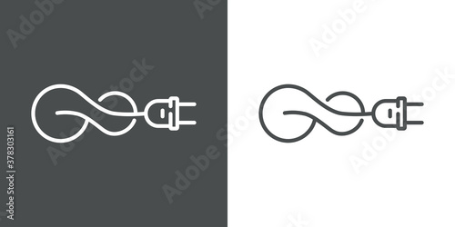 Concepto energía eléctrica. Logotipo lineal enchufe eléctrico con cable como nudo infinito en fondo gris y fondo blanco