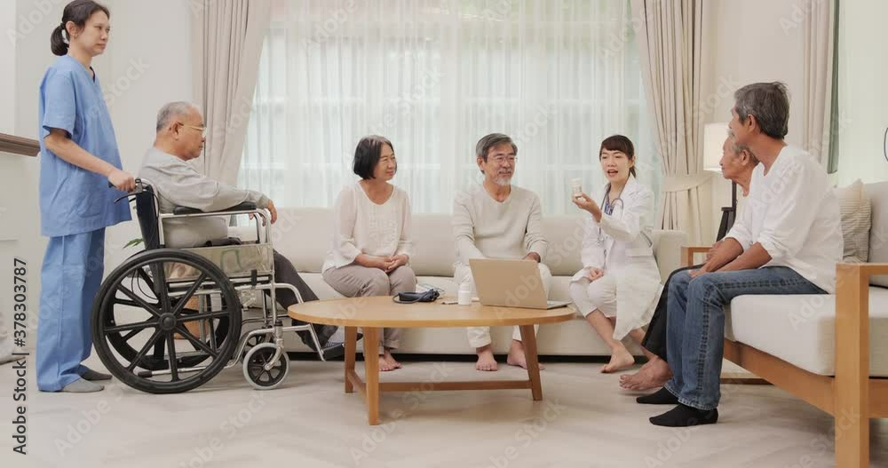 Female doctor talking to group of senior people at living room. Healthcare and Medical concept. Female doctor talking to group of senior people at living room. Healthcare and Medical concept.