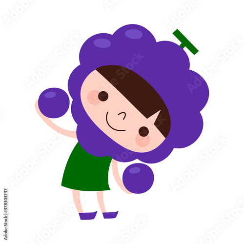 葡萄のキャラクター。フルーツのぶどうの被り物をして楽しそうに踊っている子どものイラスト。