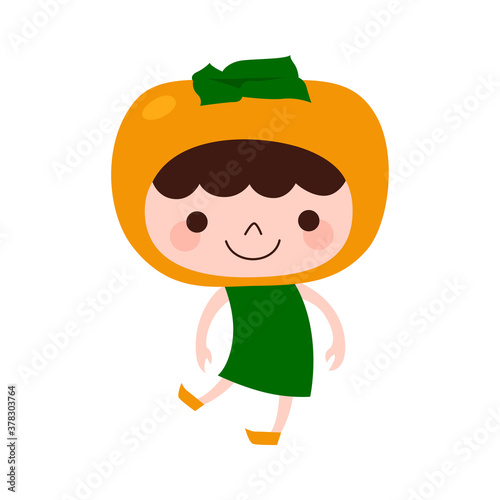 柿のキャラクター。フルーツの柿の被り物をして楽しそうに踊っている子どものイラスト。