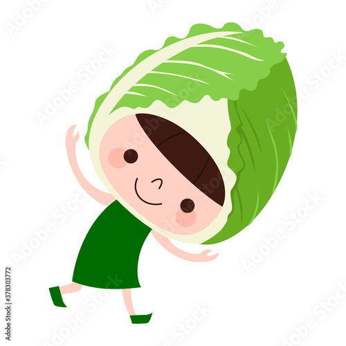 白菜のキャラクター 野菜のハクサイの被り物をして楽しそうに踊っている子どものイラスト Stock Vector Adobe Stock