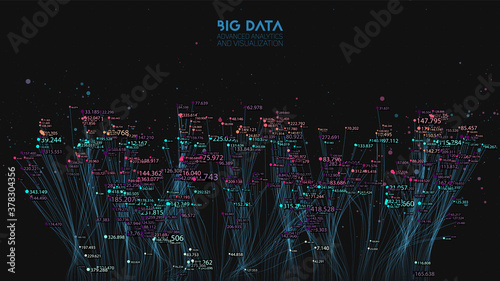 Vector abstract colorful big data cloud. Information visualization. Social network, financial analysis of complex databases. Visual information complexity clarification. Strange intricate data cloud