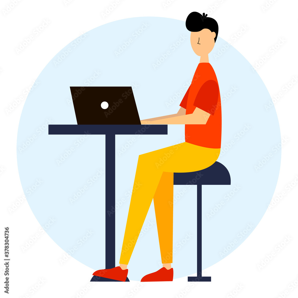 Man working at a computer, student or freelancer. Cute vector illustration in flat style.
