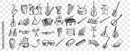 Musical instruments doodle set. Collection of hand drawn sketches templates drawing patterns of music instrument piano drums guitar flute saxophone on transparent background. Art and creativity.
