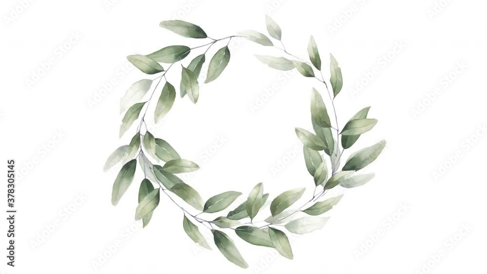 wreath of foliage greenery branches herbal watercolor frame white matte alpha channel