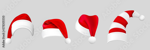 Reatistic christmas hats mockup. Collection of realism style drawn Santa Claus caps with jingle bells on different angles. Holiday headwear or xmas symbol on gray background illustration.