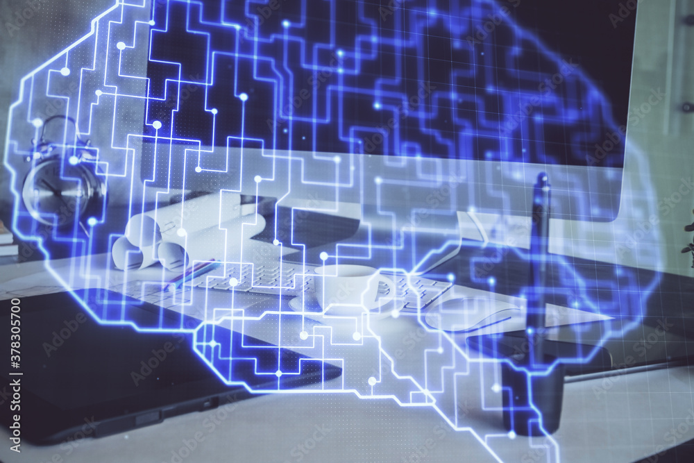 Multi exposure of work space with computer and human brain hologram. Brainstorm concept. Multi exposure of work space with computer and human brain hologram. Brainstorm concept.