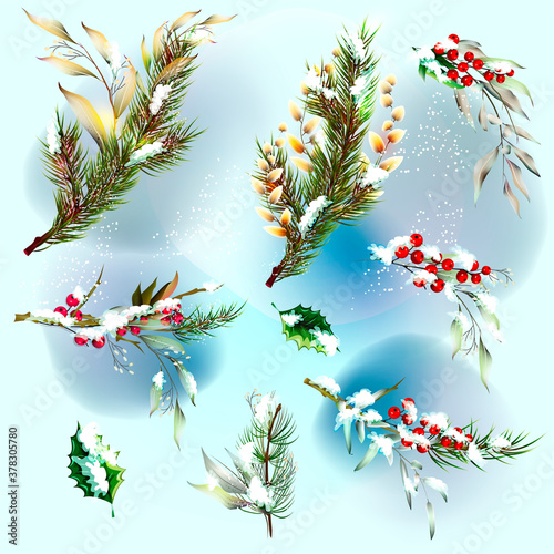 Vector Christmas set with fir branches and festive decorations.