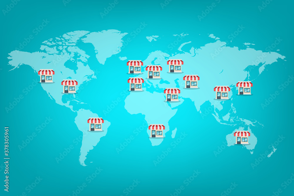 Stores on different world locations.Vector illustration. Stores on different world locations.Vector illustration.