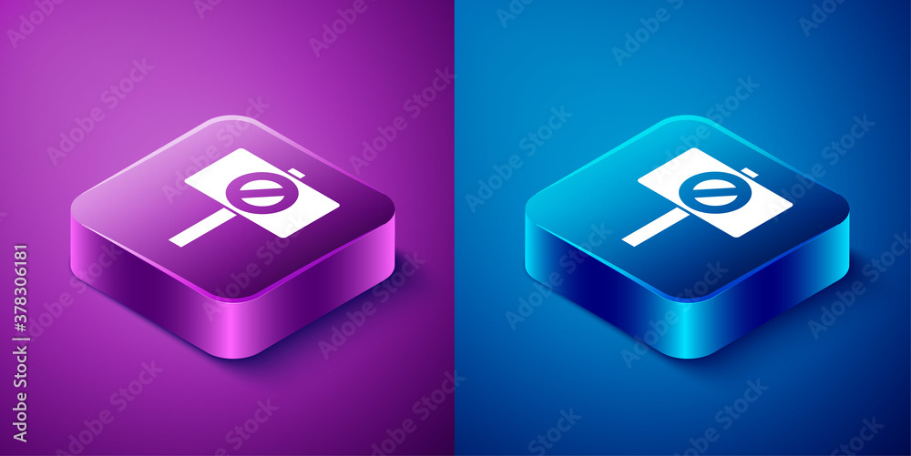 Isometric Protest icon isolated on blue and purple background. Meeting, protester, picket, speech, banner, protest placard, petition, leader, leaflet. Square button Vector illustration Isometric Protest icon isolated on blue and purple background. Meeting, protester, picket, speech, banner, protest placard, petition, leader, leaflet. Square button Vector illustration