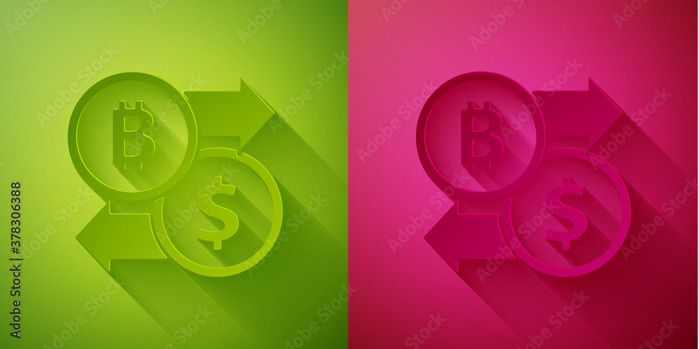 Paper cut Cryptocurrency exchange icon isolated on green and pink background. Bitcoin to dollar exchange icon. Cryptocurrency technology, mobile banking. Paper art style. Vector.