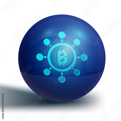 Blue Blockchain technology Bitcoin icon isolated on white background. Abstract geometric block chain network technology business. Blue circle button. Vector.