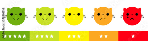 Five star rating review survey. Smiley cat kitten kitty face satisfaction emoticon happiness feedback scale. From happy to angry emotion. Red green circle set. Flat design. White background.
