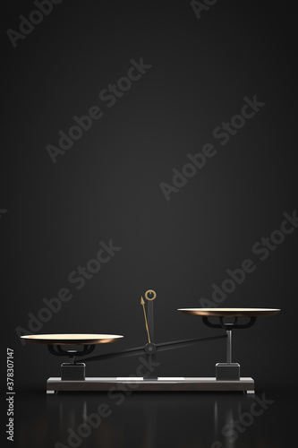 Unbalanced kettlebell scales. Dark room. Copy space.