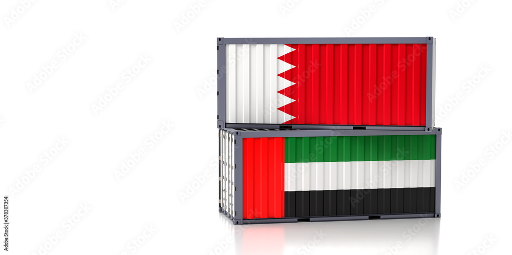 Freight containers with Bahrain and United Arab Emirates flag. 3D Rendering 