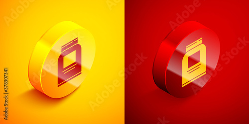 Isometric Sports nutrition bodybuilding proteine power drink and food icon isolated on orange and red background. Circle button. Vector.