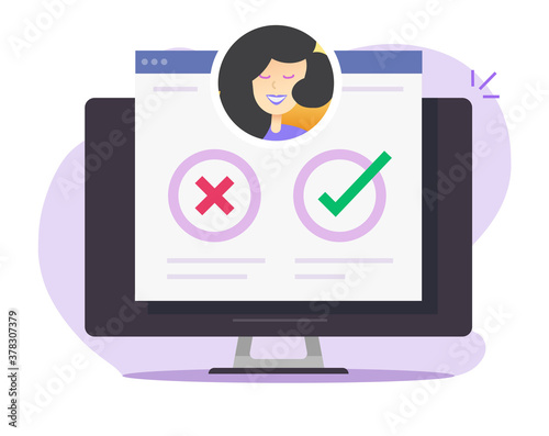 Choosing pros and cons of person candidate vector, poll vote for hr human resources concept, employee recruitment select idea, hiring decision process, career talent choose online on computer