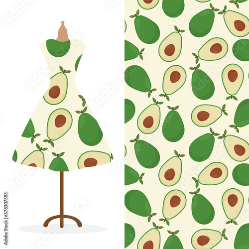 Womens long dress mock up with bright seamless hand drawn pattern for textile, paper print. 