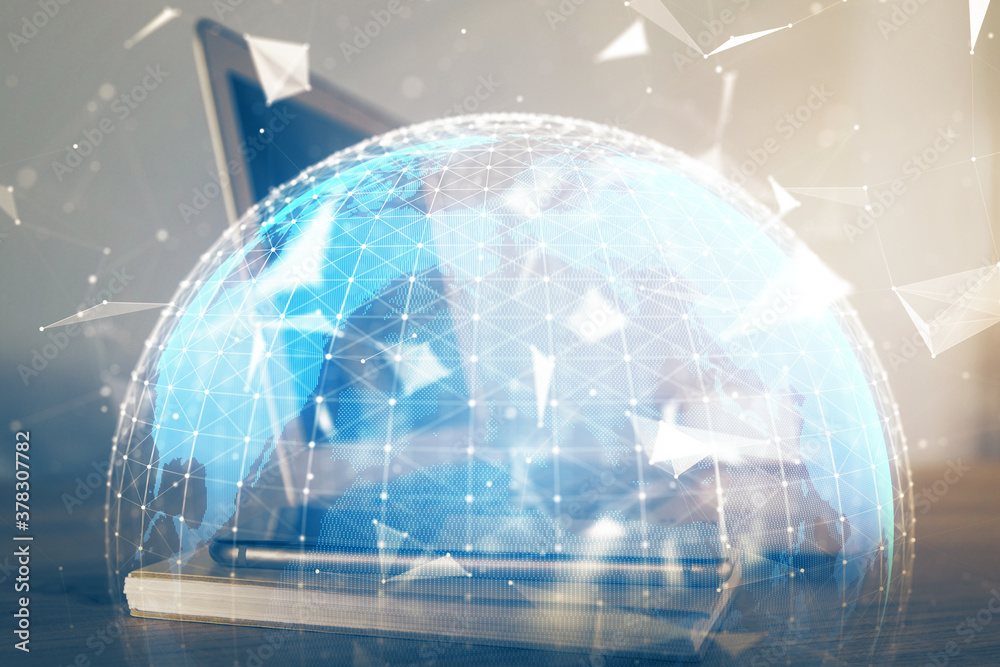 Multi exposure of business theme icons and table with computer background. Concept of success.