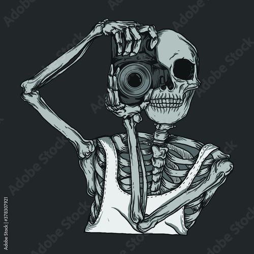 artwork illustration and t-shirt design skeleton with camera premium vector