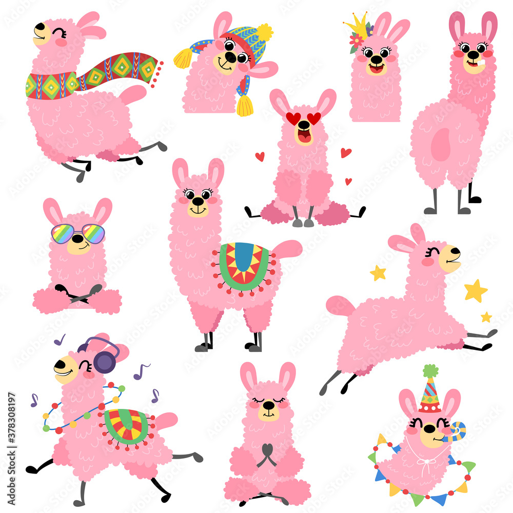 Big set of cute pink llamas. Cartoon alpaca vector collection. Animals hand drawn style isolated on white background for children's and kids books, print, poster, stickers, fabric. Big set of cute pink llamas. Cartoon alpaca vector collection. Animals hand drawn style isolated on white background for children's and kids books, print, poster, stickers, fabric.