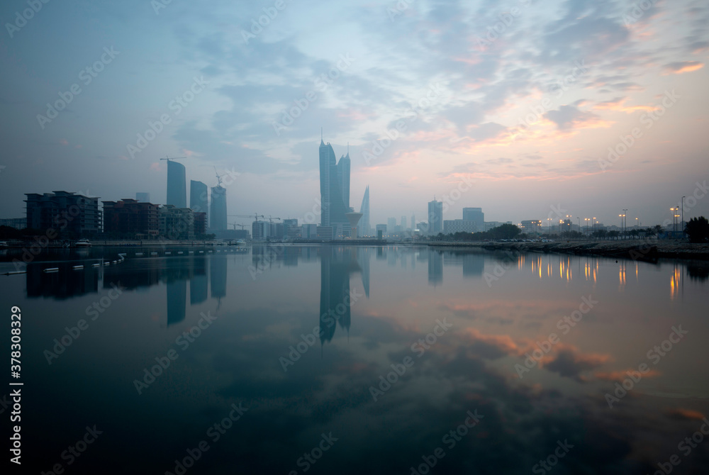 Bahrain skyline and beautiful hues in the early morning during sunrise