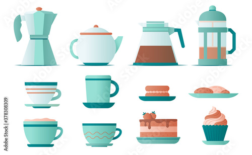 Different cups  coffee kettles and sweet dessert. Flat vector illustration.