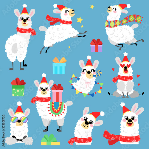 Set of vector llamas in Christmas red hat. Collection of llama greeting card in hand drawn style. Merry Christmas and happy new year.