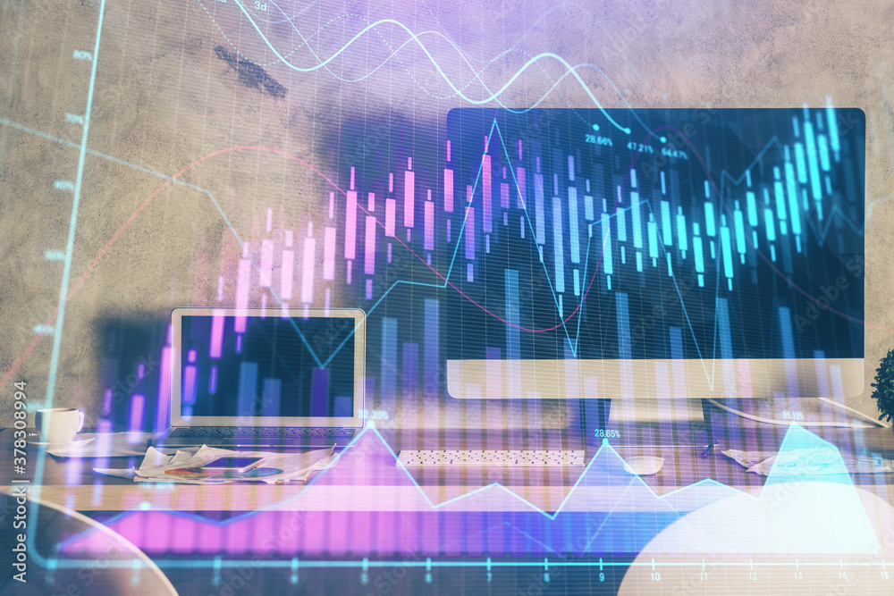 Double exposure of chart and financial info and work space with computer background. Concept of international online trading. Double exposure of chart and financial info and work space with computer background. Concept of international online trading.