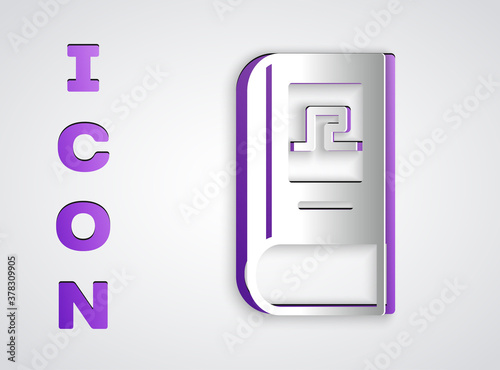 Paper cut Greek history book icon isolated on grey background. Paper art style. Vector.