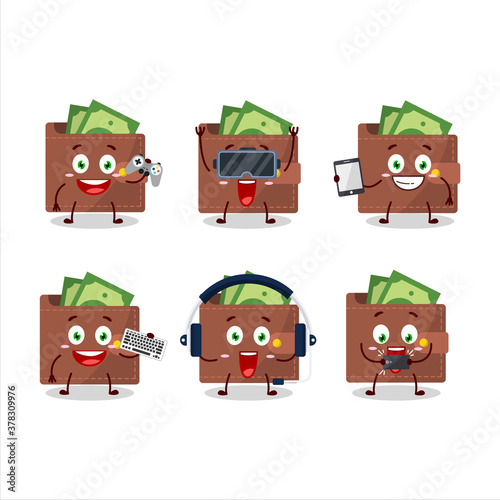 Brown wallet cartoon character are playing games with various cute emoticons