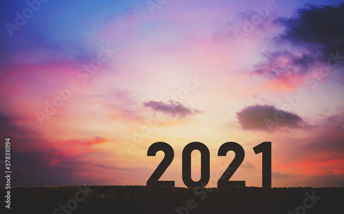 New year 2021 with sunset sky background