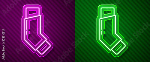 Glowing neon line Inhaler icon isolated on purple and green background. Breather for cough relief, inhalation, allergic patient. Vector Illustration.