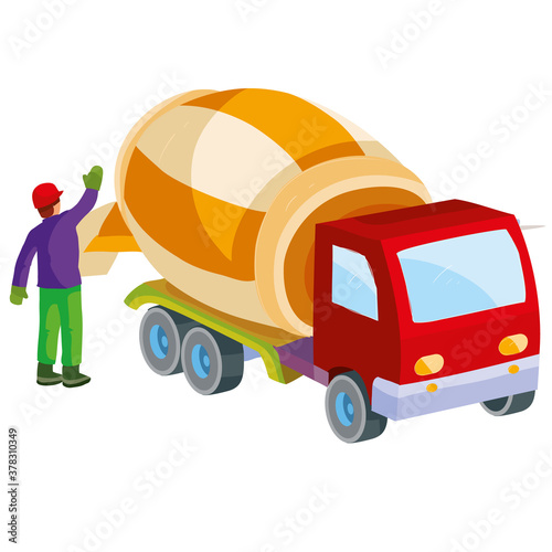 construction worker helping a concrete mixer to pour out prepared concrete, cartoon illustration, isolated object on white background, vector illustration,