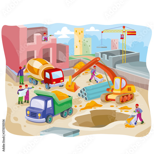 illustration of a large construction site with construction equipment, people and an atmosphere of boiling work, cartoon illustration, isolated object on a white background, vector illustration,