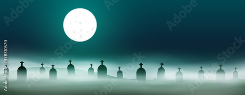 Spooky halloween cemetery night scene with fog, full moon.
