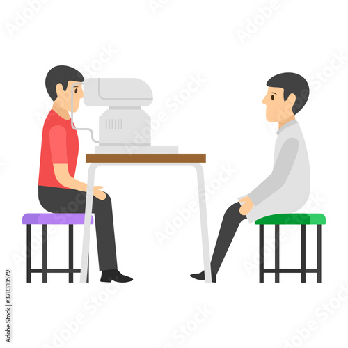 
Person in front of eye test machine, flat vector
