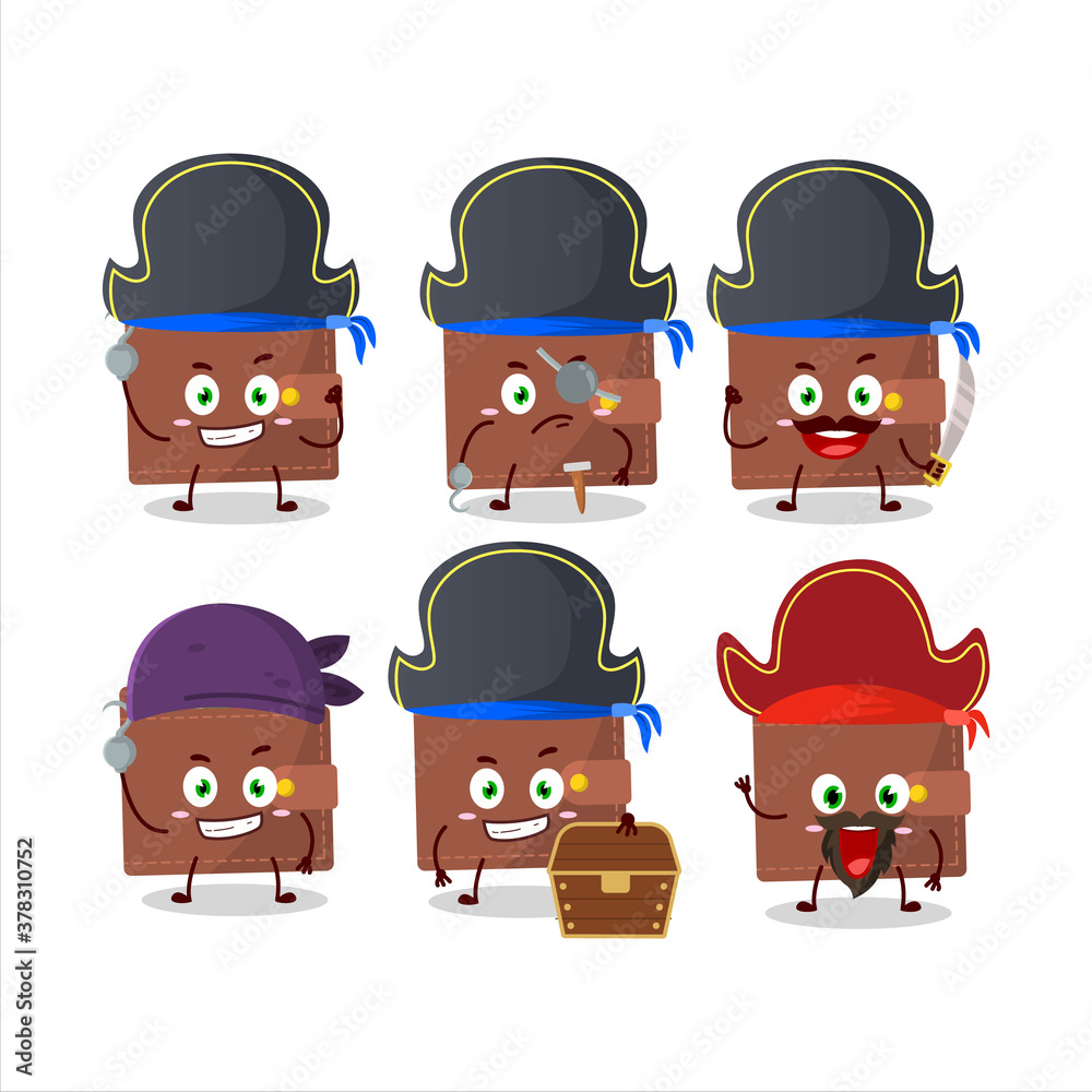 Cartoon character of brown wallet with various pirates emoticons Cartoon character of brown wallet with various pirates emoticons